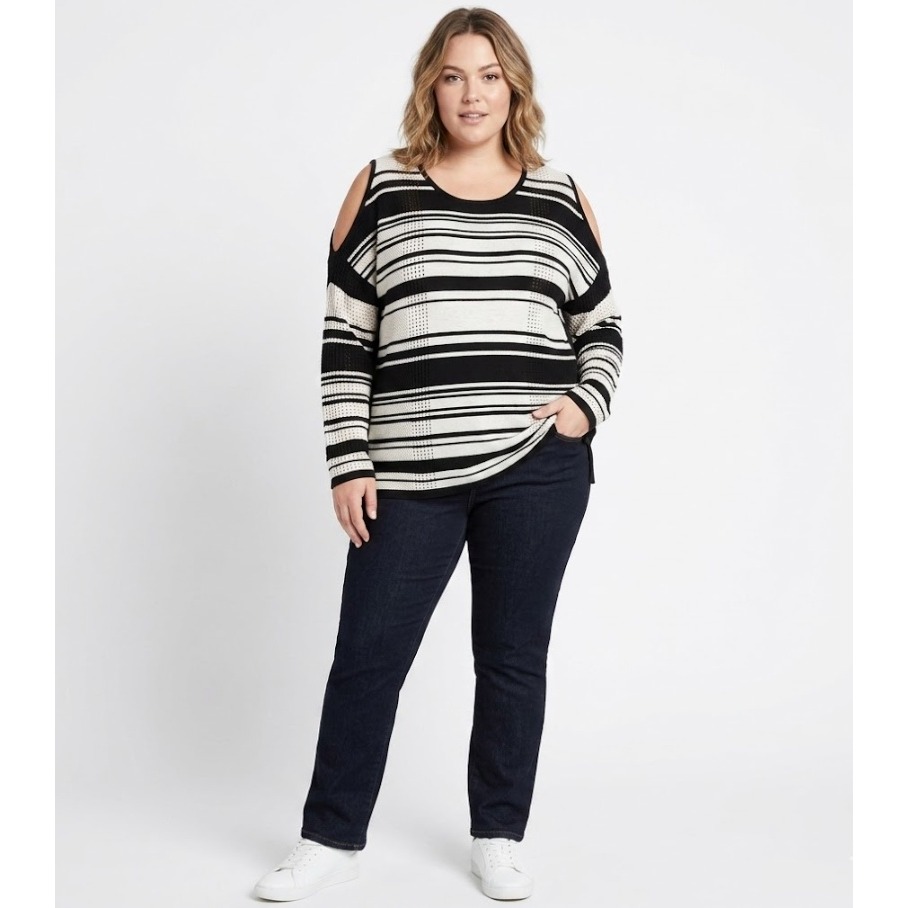 New Peck & Peck Size Xl Black Tan Open Knit Cold Shoulder Relaxed Boho Sweater